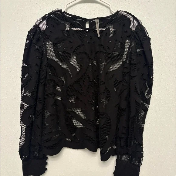 Anthropologie Black Lace Appliqué Sheer Blouse - Picture 2 of 7